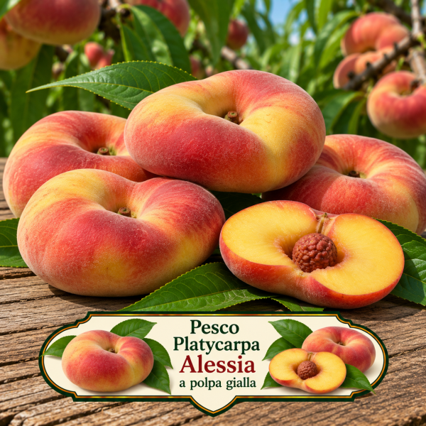 Pesco platicarpa ‘Alessia’ – Prunus persica – vaso Ø 26 – pianta di 3 anni
